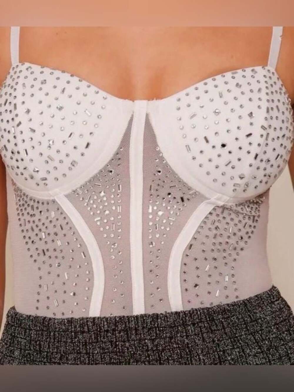 Timing White Sheer Bodysuit with Silver Studs - NWT - Size L